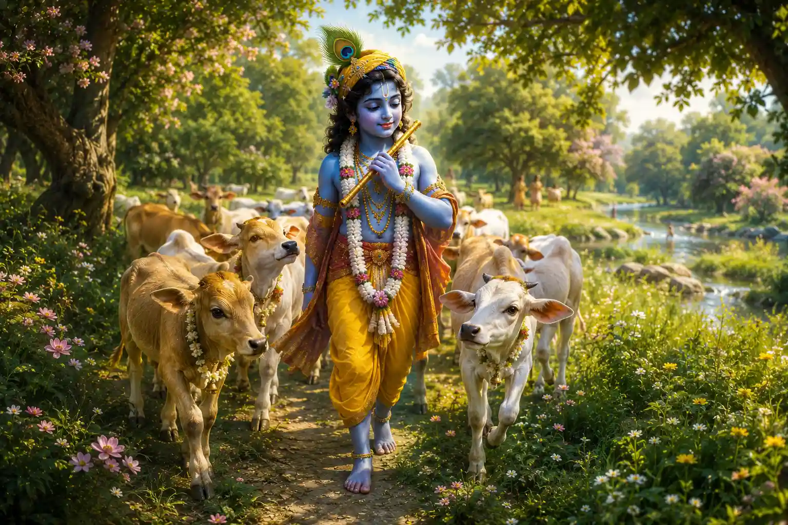 Shree Krishna wanders through the groves of Vrindavan with His calves