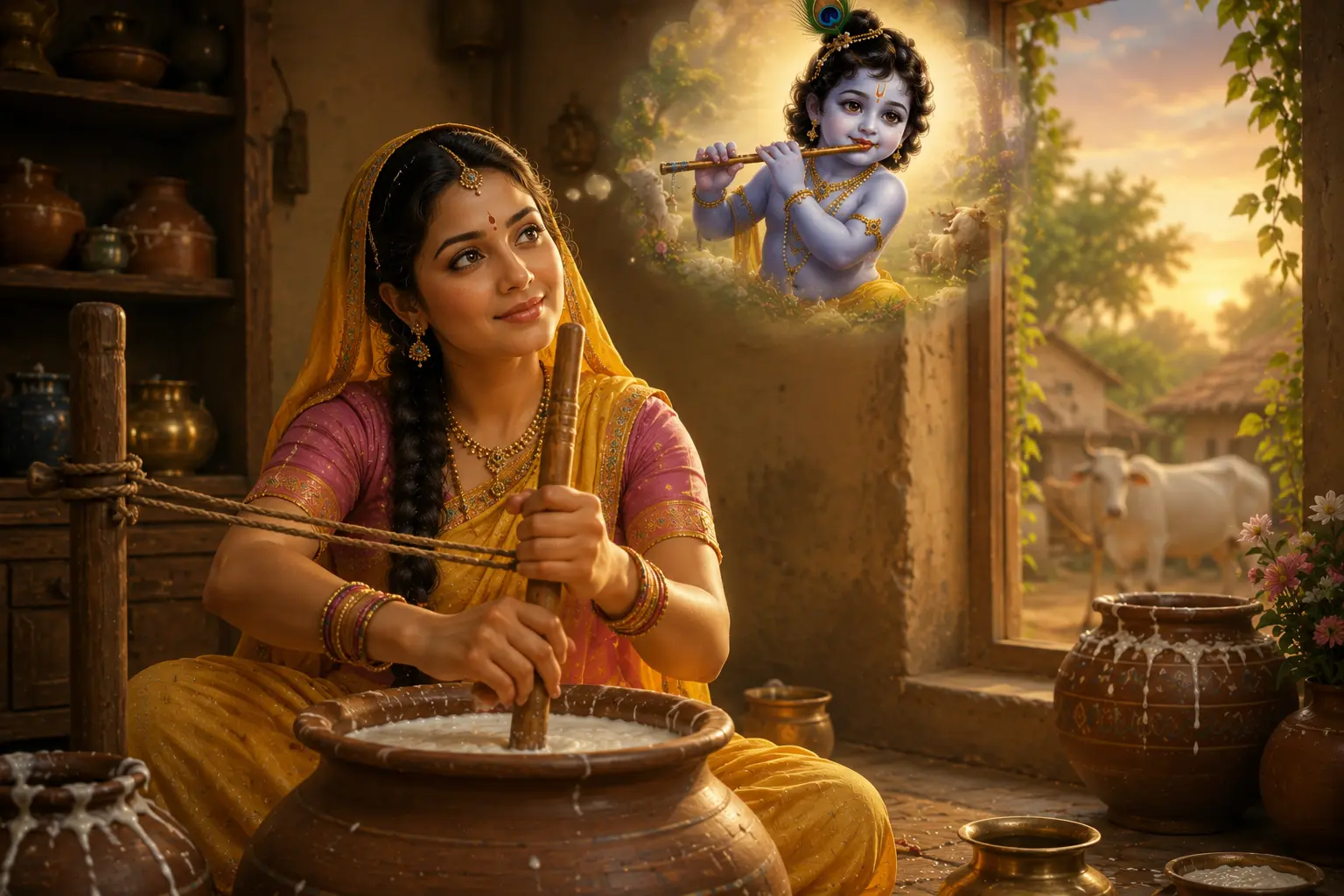 A gopi churns butter in loving remembrance of Shree Krishna