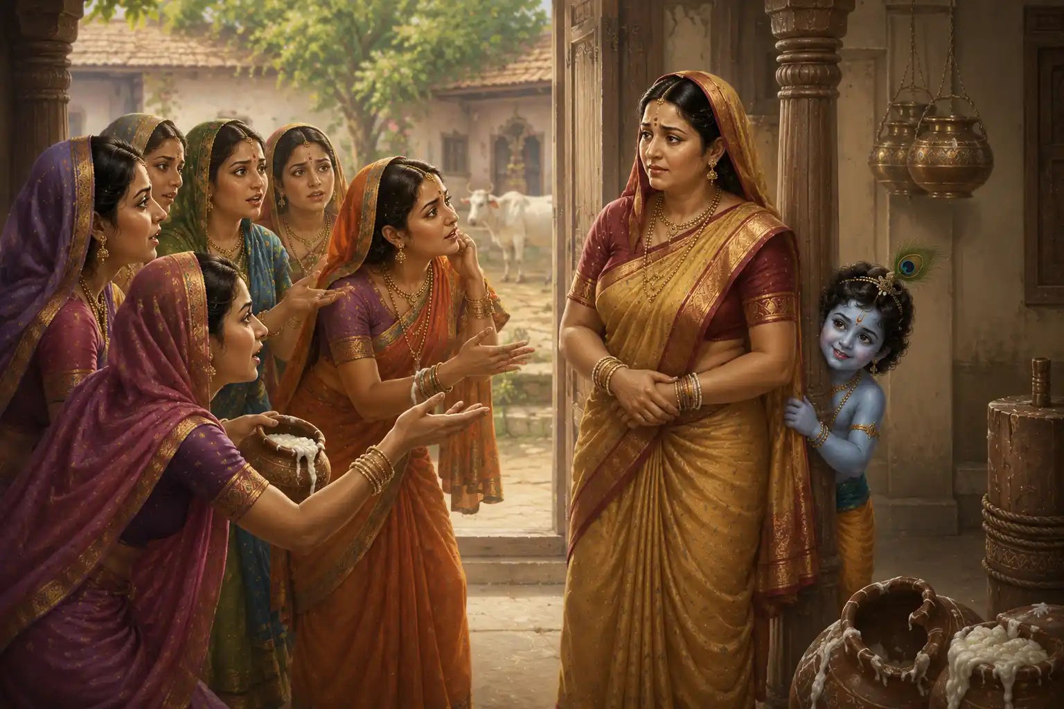 Shree Krishna hides behind Mother Yashoda as the gopis complain about His butter theft