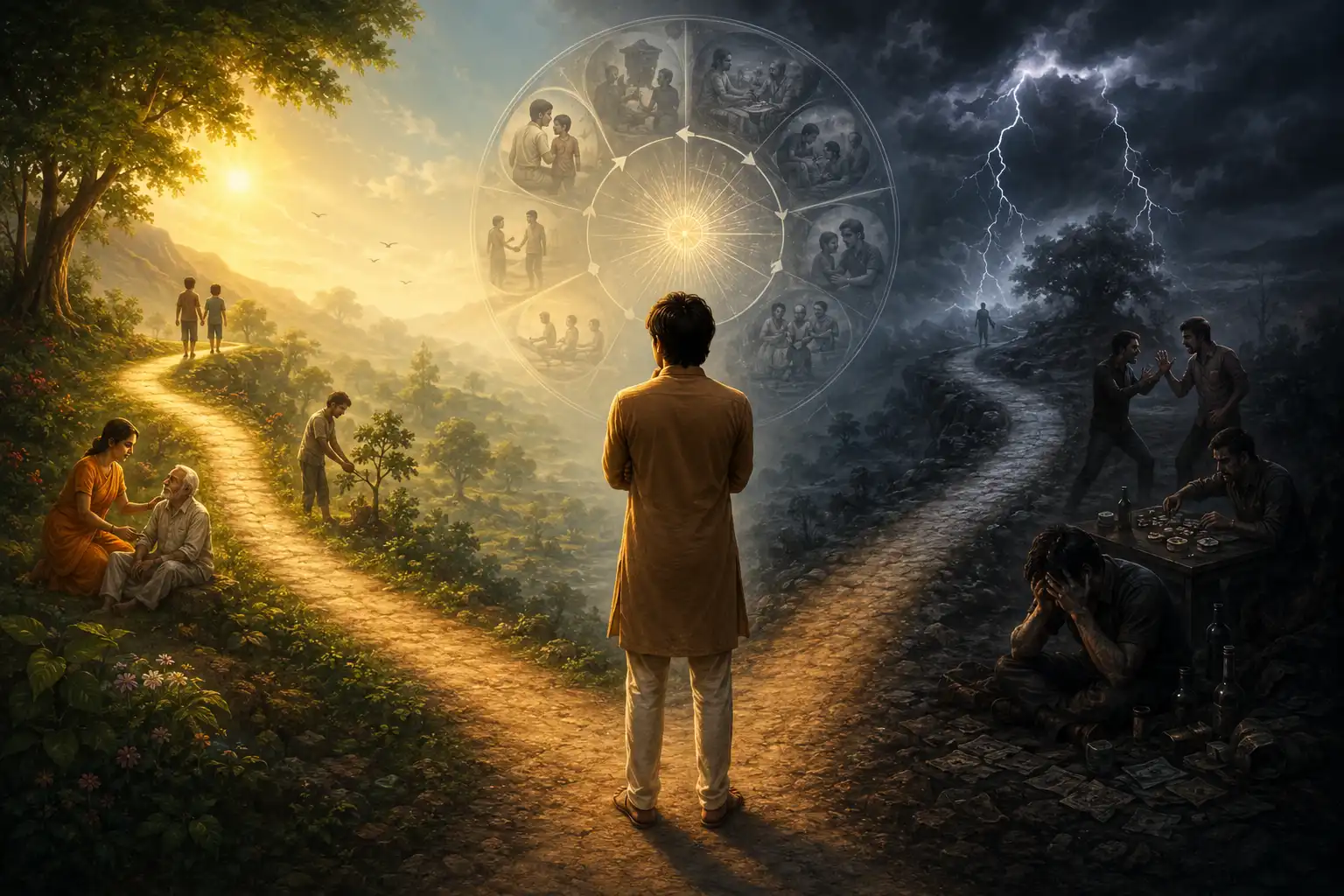 Good actions performed with selfish motives create pleasant karmic reactions, while harmful actions produce suffering. In either case, the soul remains bound to the endless cycle of action and reaction