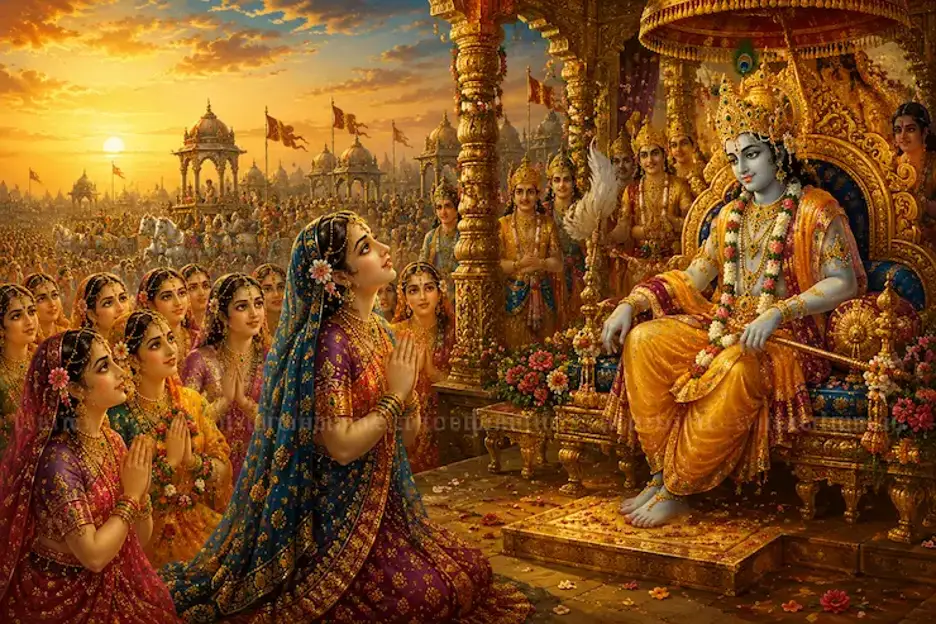 Radha and the gopis lovingly meet Sri Krishna at Kurukshetra.