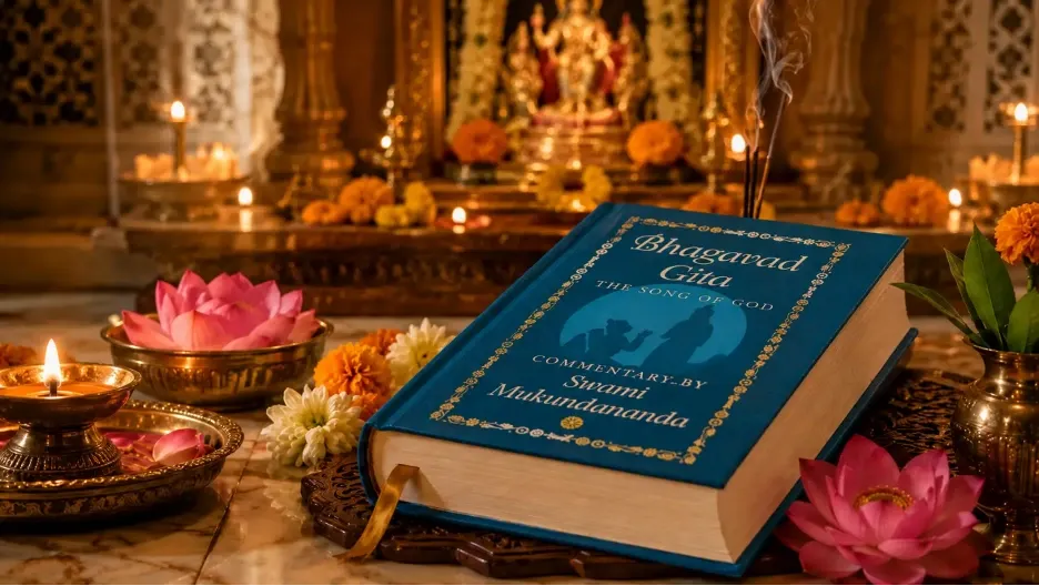 Blue Bhagavad Gita book by Swami Mukundananda placed near diya, flowers, and temple altar in a devotional setting.