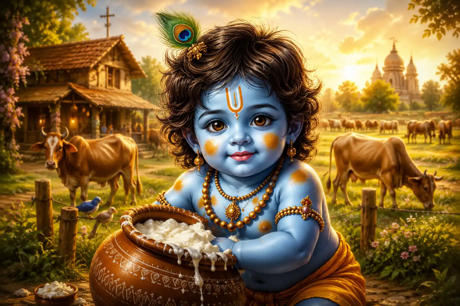That very Lord who is meditated upon by yogis and praised in the Vedas, today his face is plastered with cow dung!