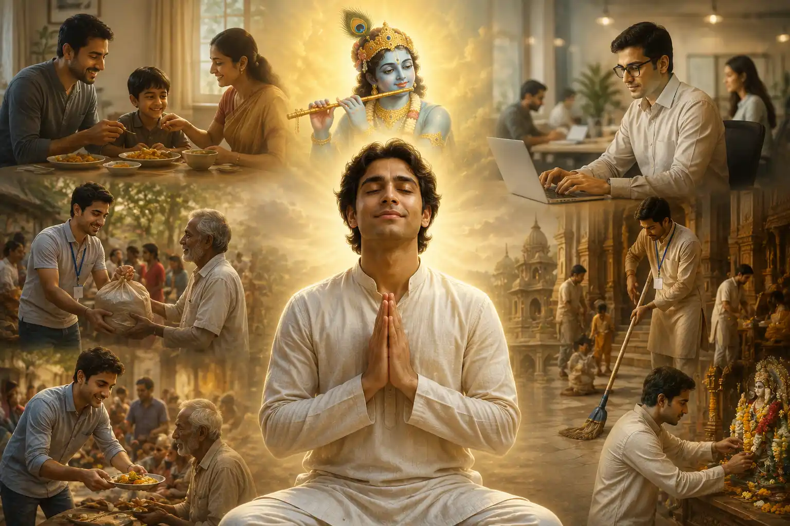 A person may spend the entire day working tirelessly, by serving family, performing professional duties, engaging in temple seva, or helping society, yet remain inwardly free from selfish attachment