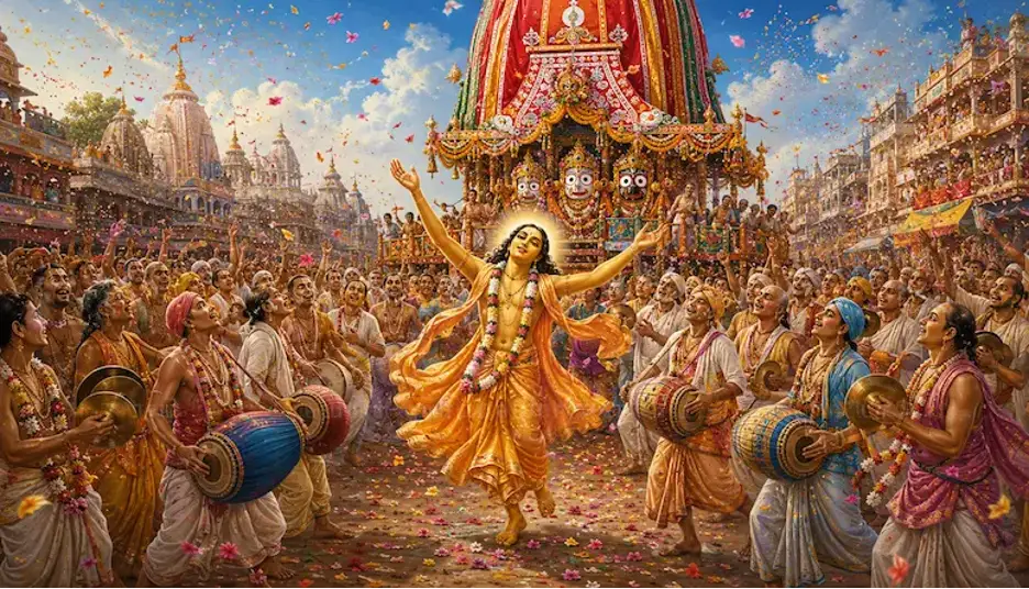 Chaitanya Mahaprabhu dancing before Lord Jagannath's Rath Yatra chariot in Puri