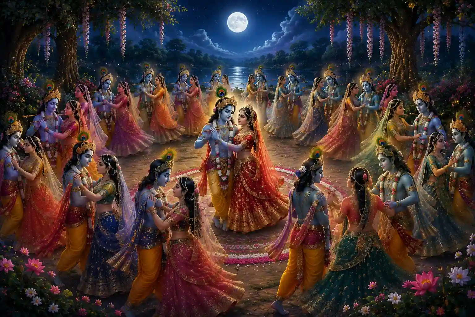 At the centre of this divine circle stood Radha and Krishna, the eternal embodiment of perfect divine love