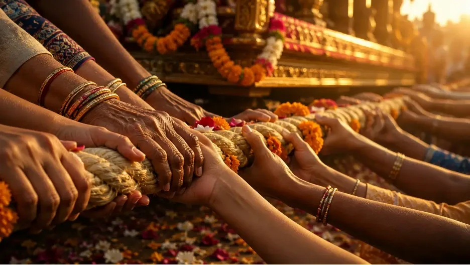 Devotees' hands holding the sacred Rath Yatra rope together