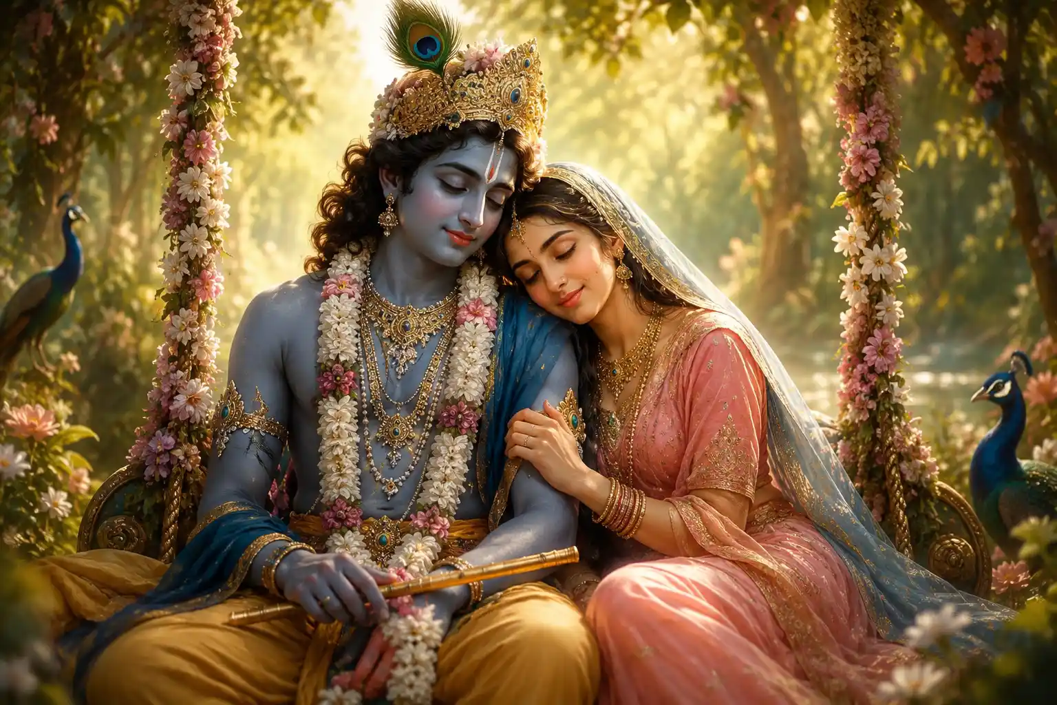 Srimati Radharani resting lovingly beside Shree Krishna in the sweetness of Vrindavan, her complete absorption in Him and the intimate bond of divine love