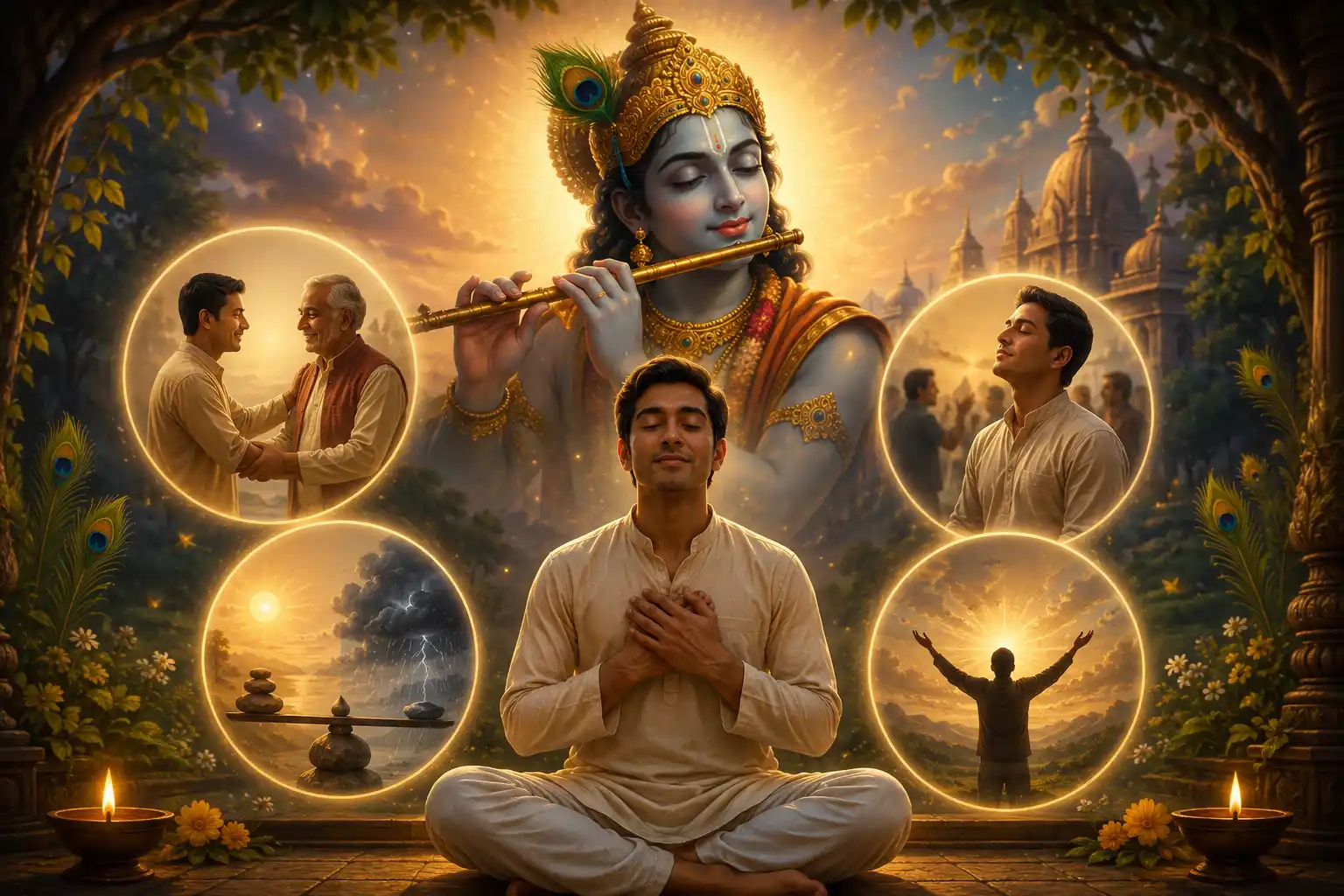 Those devotees who are not a source of annoyance to anyone and who in turn are not agitated by anyone, who are equal in pleasure and pain, and free from fear and anxiety are very dear to Shree Krishna