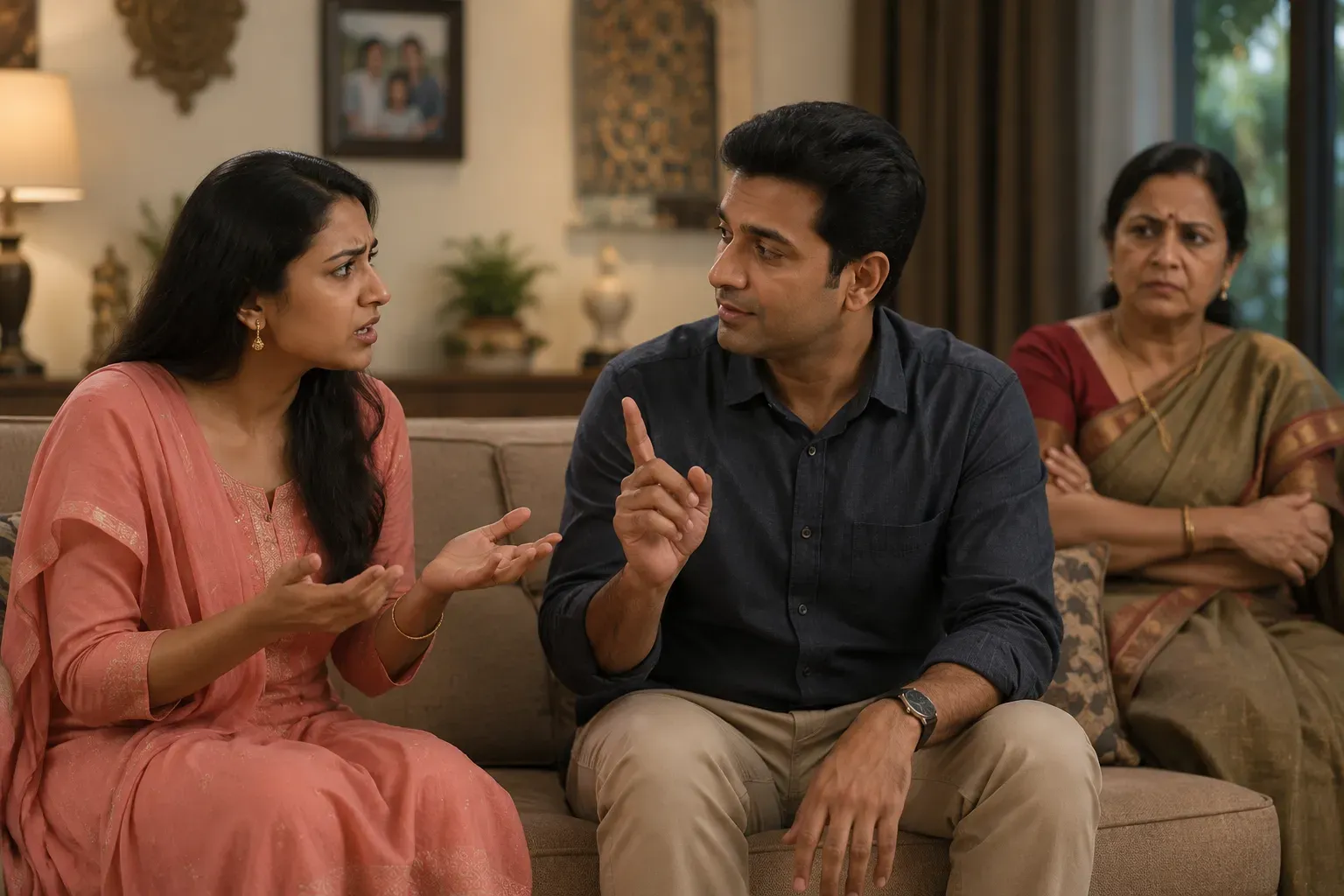A calm husband gently encouraging his upset wife to choose her response, with the sister-in-law in the background