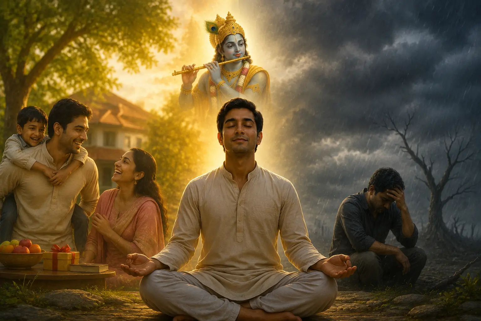 Shree Krishna describes the true devotee as sama-duḥkha-sukhaḥ: one who remains balanced in both happiness and distress
