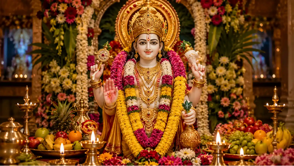 Lord Satyanarayan decorated with colorful flower garlands, jewellery, fruits, and glowing diyas during a devotional puja.