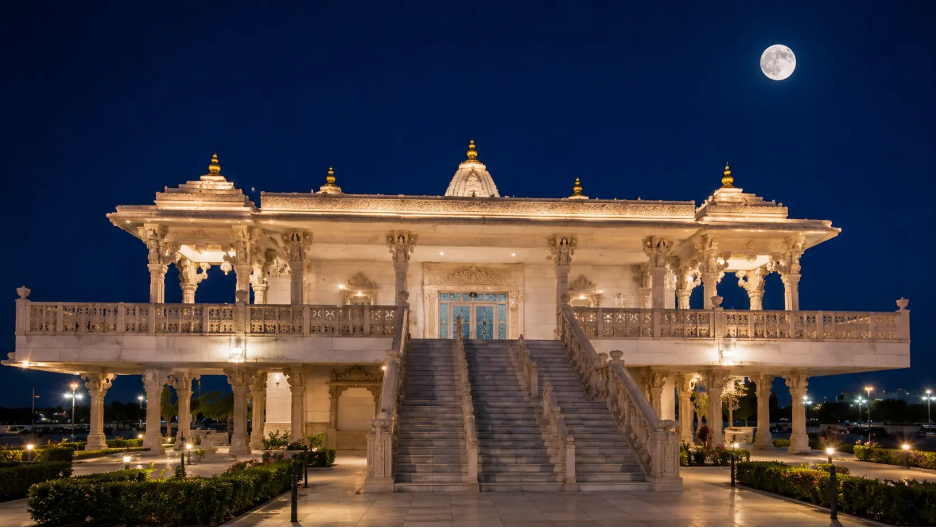Softly illuminated Radha Krishna Temple of Dallas under a bright full moon at night, symbolizing the sacred Purnima celebration.