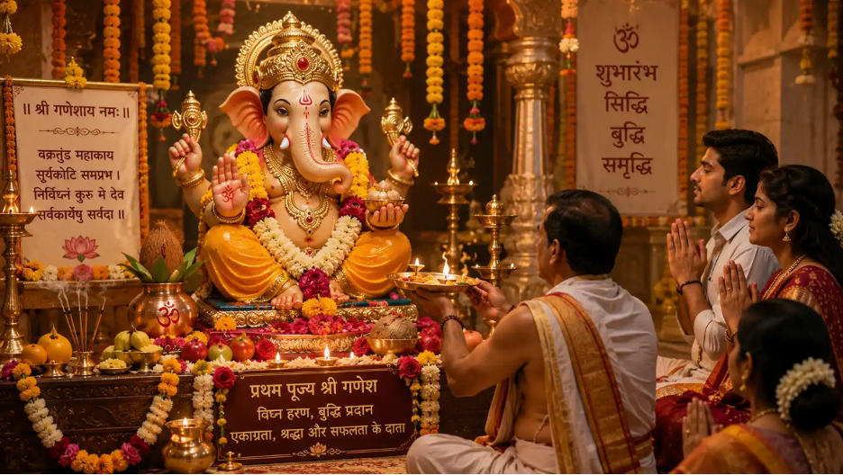 Priest and devotees offering prayers to Lord Ganesh in a beautifully decorated temple, with flowers, diyas, and sacred offerings during the opening invocation of the puja