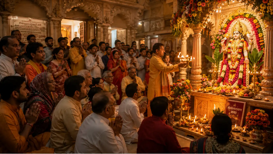 Devotees praying with folded hands as a priest performs Satyanarayan aarti inside a beautifully decorated temple.