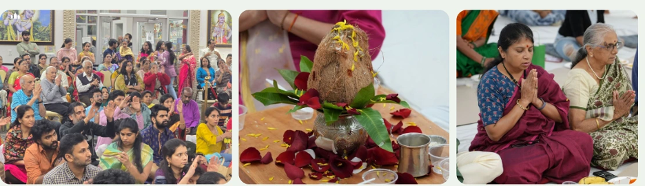 Collage showing devotees praying, a decorated kalash, and community participation during Satyanarayan Puja at Radha Krishna Temple of Dallas.