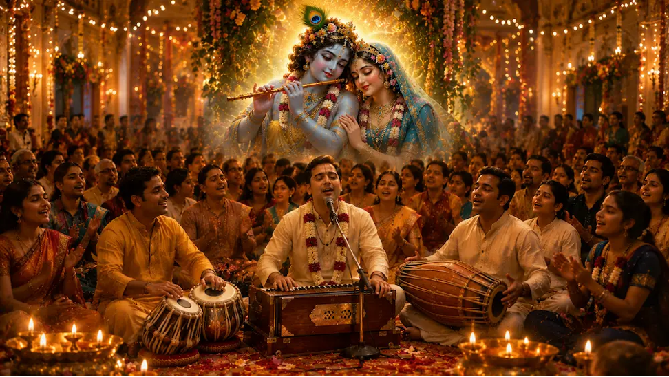 Devotees joyfully singing kirtan while remembering Radha Krishna