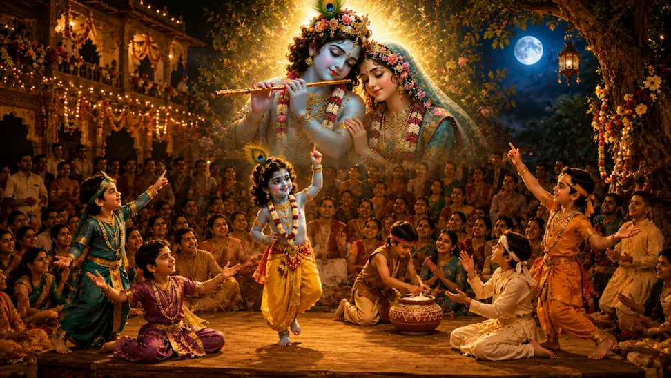 Children joyfully reenact Krishna’s childhood leelas