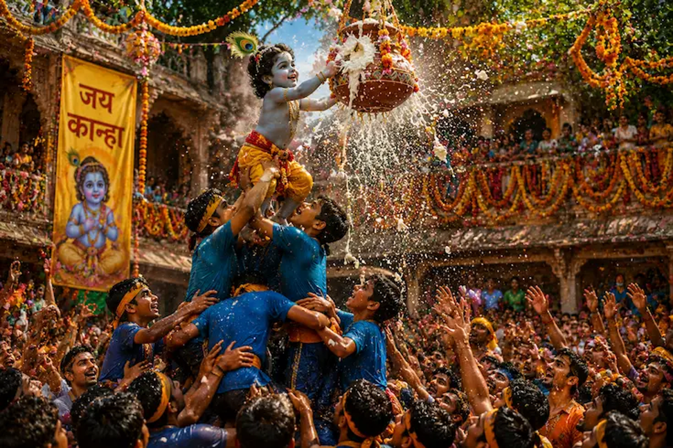 Devotees joyfully forming a human pyramid for Dahi Handi