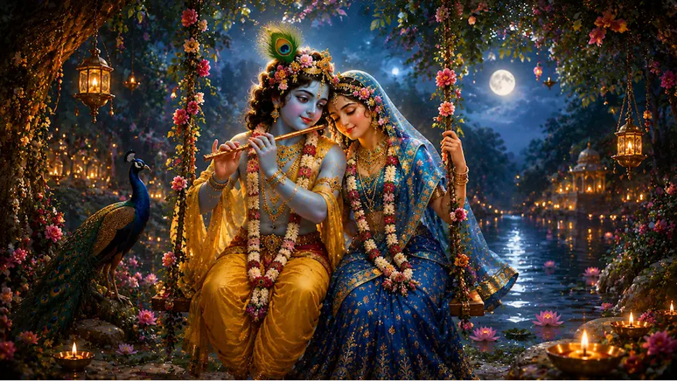 Radha Krishna together on a flower-covered swing in Vrindavan.