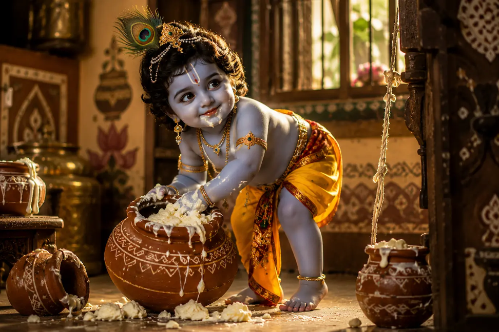 Little Krishna joyfully stealing butter from a clay pot
