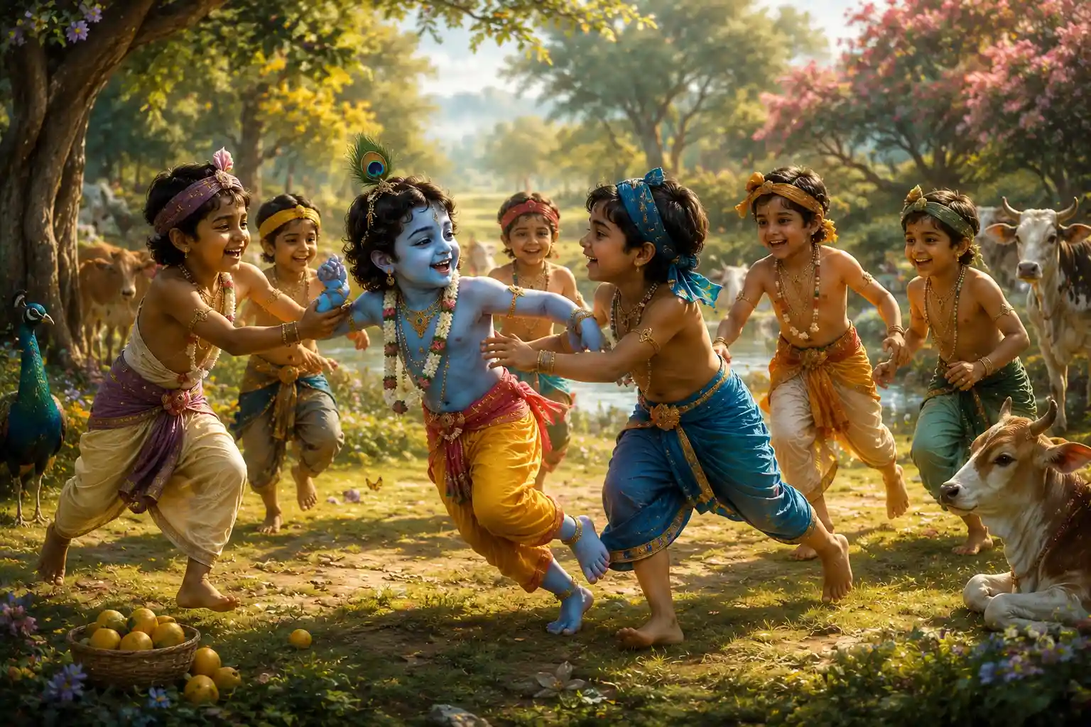 Shree Krishna plays with his friends in the forests of Vrindavan