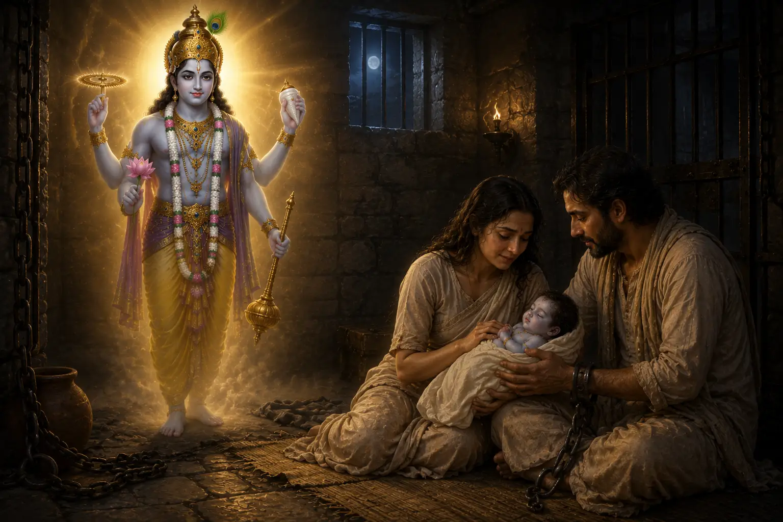 Shree Krishna's transcendental appearance in the prison cell of Mathura