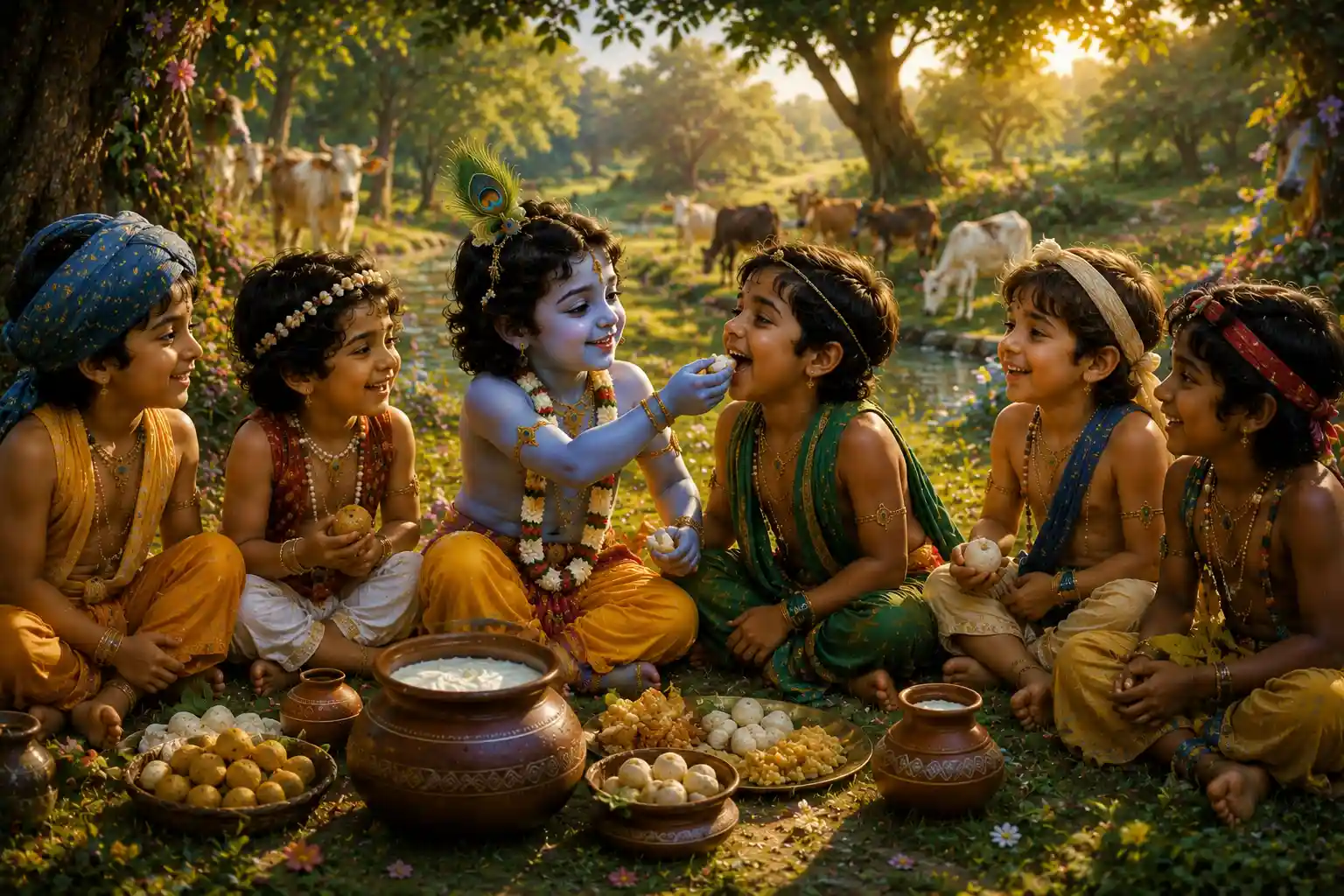 Krishna shares food with His friends