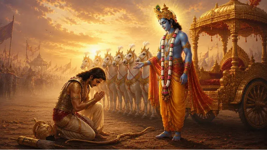 Shree Krishna narrates the Bhagavad Gita to a surrendered Arjun