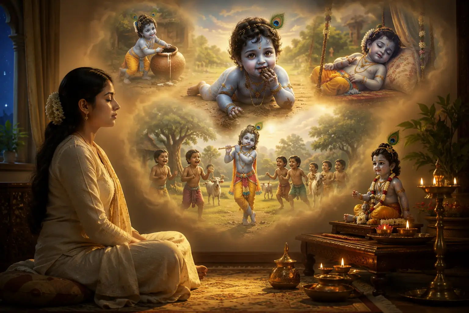 Devotee meditates on Shree Krishna's countless astonishing pastimes