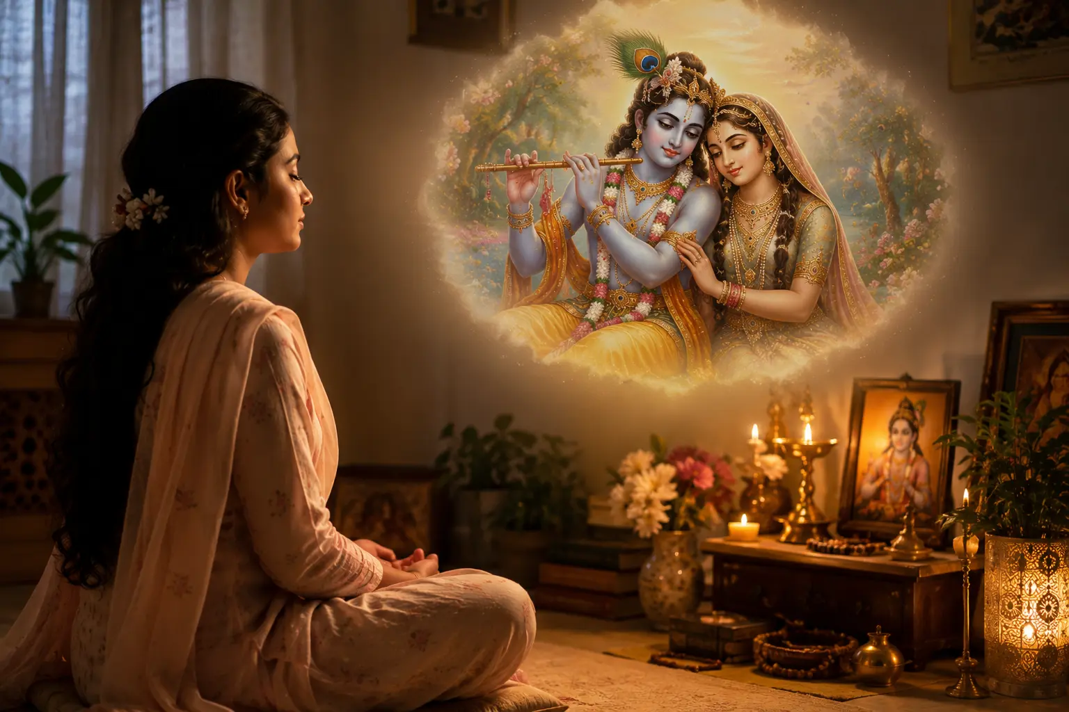 A devotee meditates on the divine forms of Radha Krishna