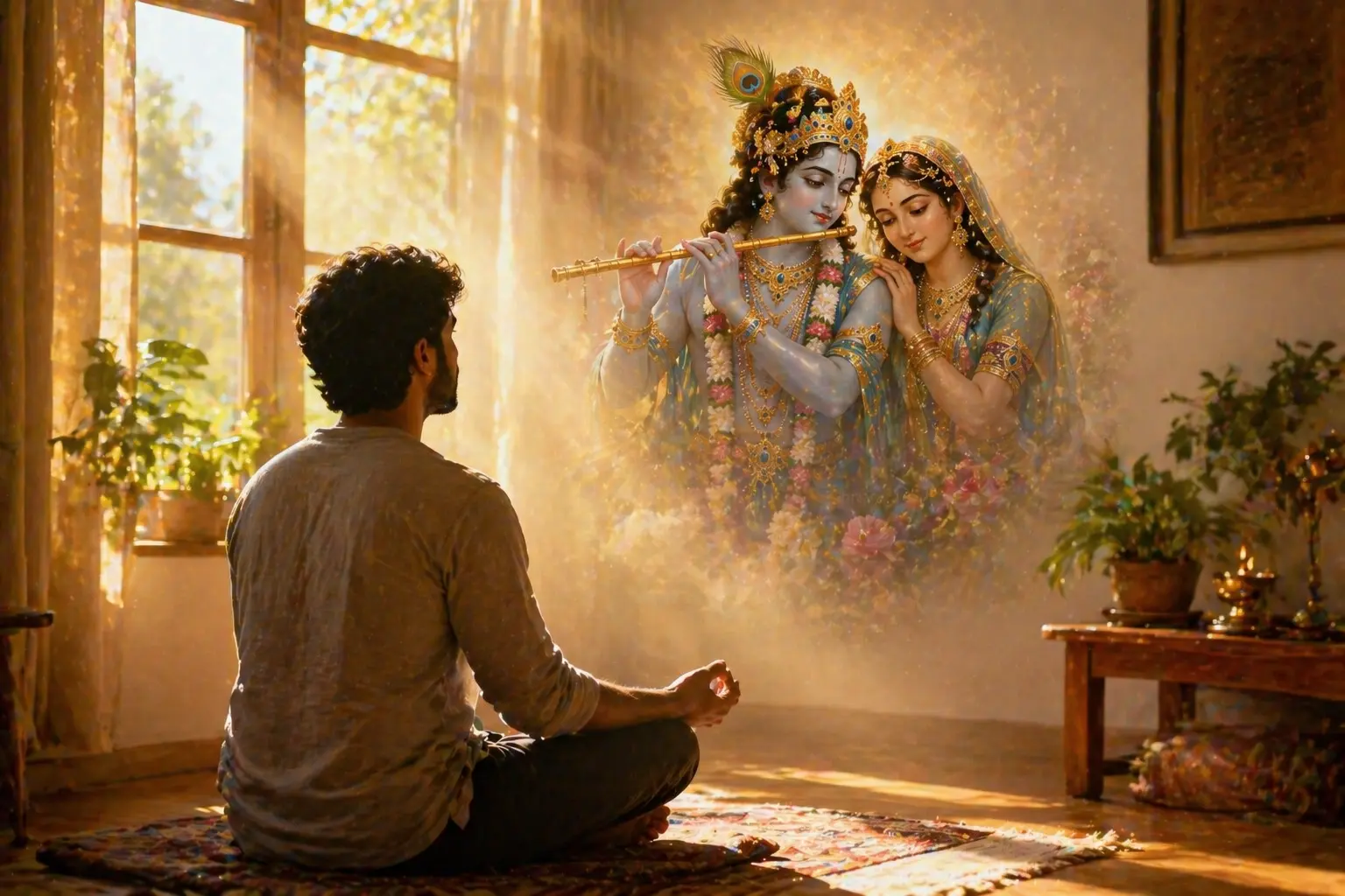 Devotee meditating on the divine forms of Radha Krishna