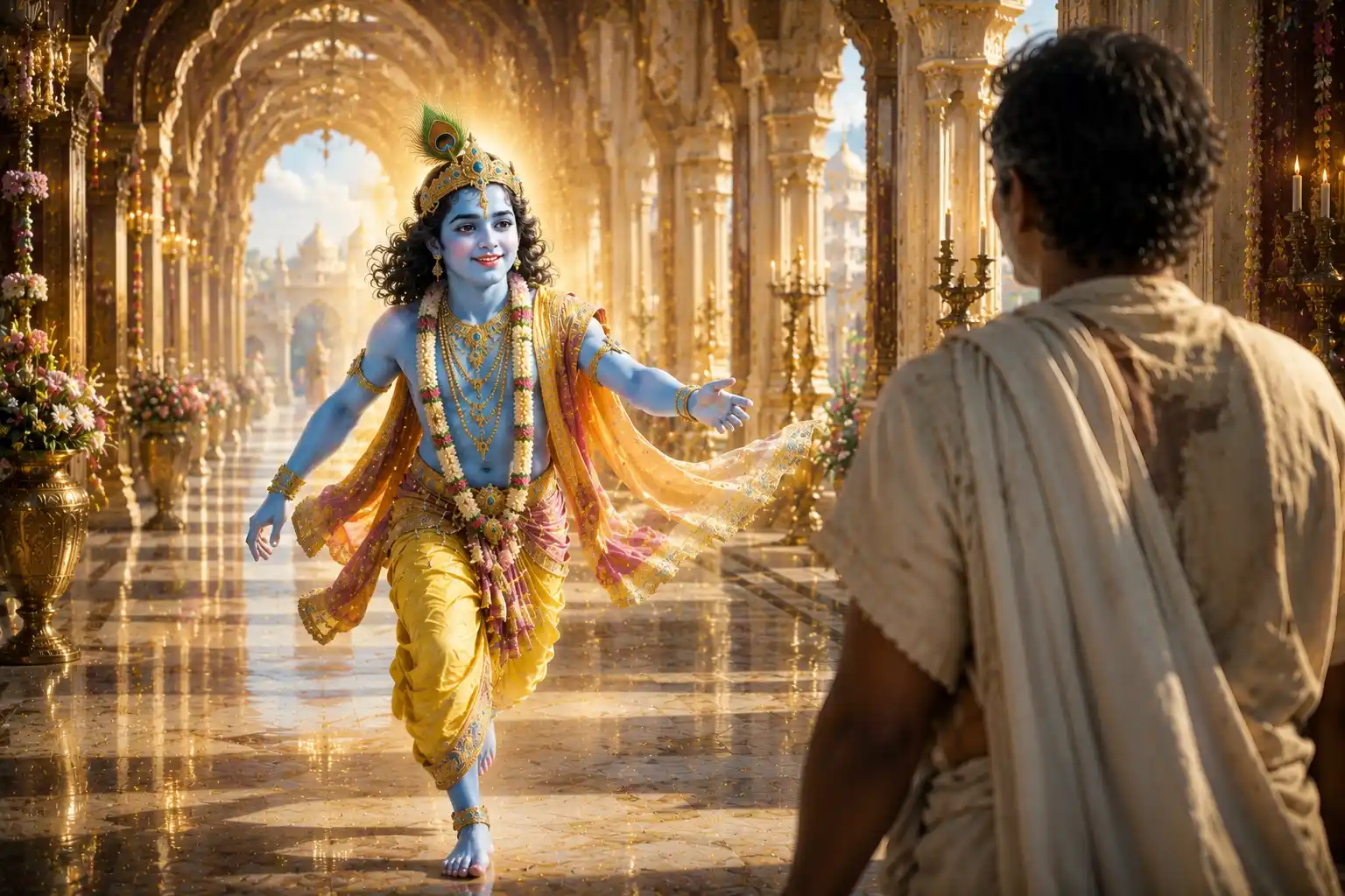 The moment Shree Krishna saw His dear friend Sudama approaching, He rose from His throne and hurried to embrace him