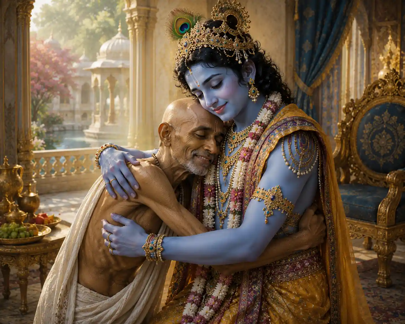 Shree Krishna and Sudama in a loving embrace