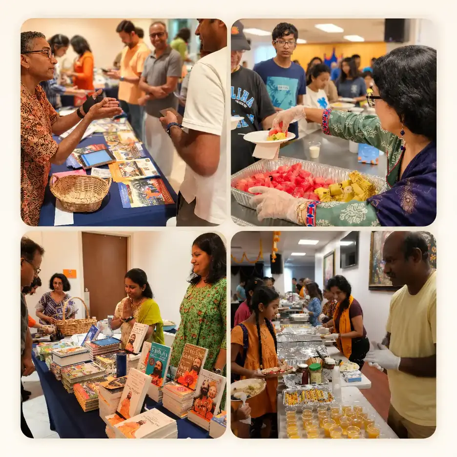 Volunteers serving prasadam, welcoming guests, and supporting community activities during Janmashtami at Radha Krishna Temple of Dallas