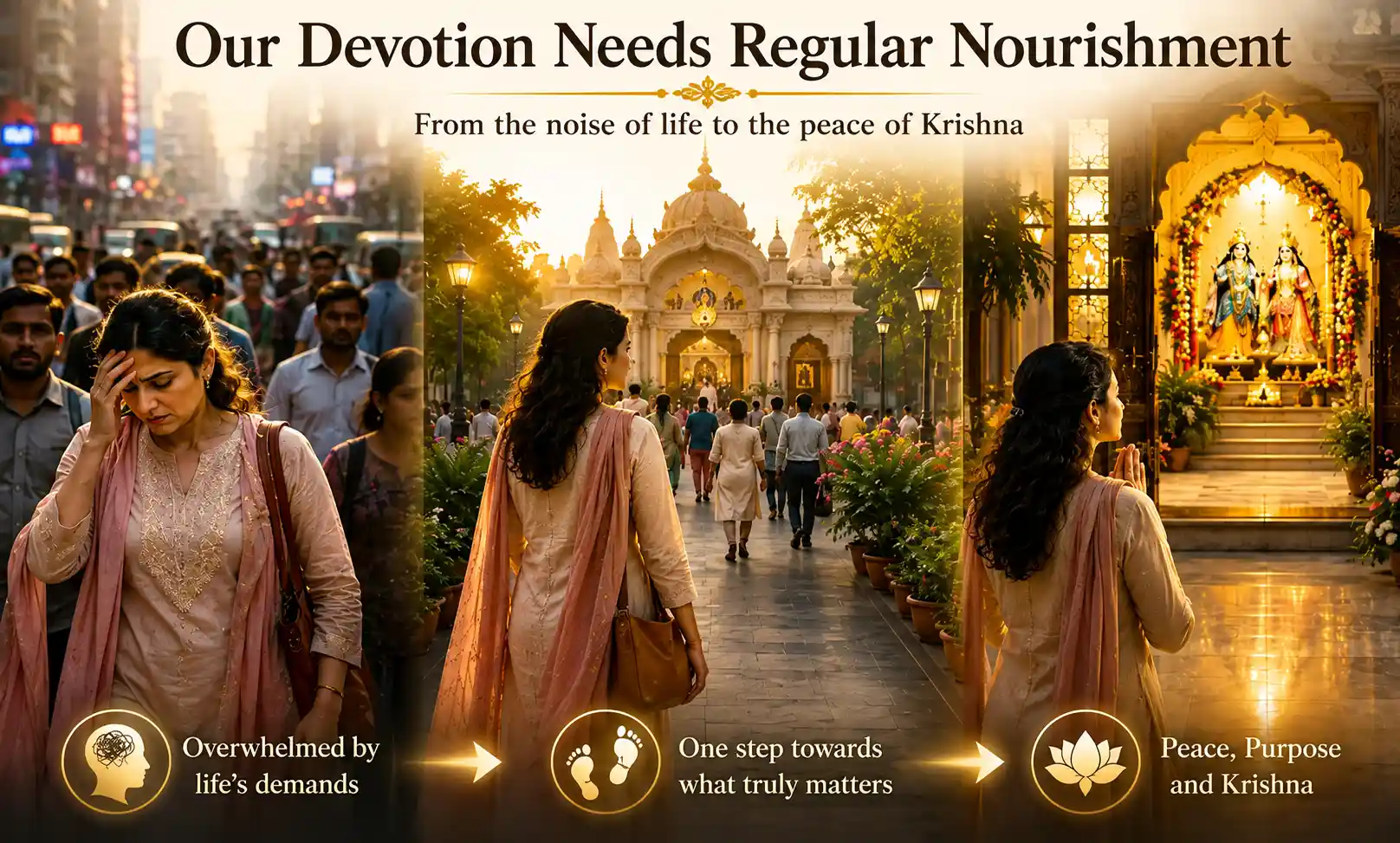Devotee entering temple from the pressures of the material world