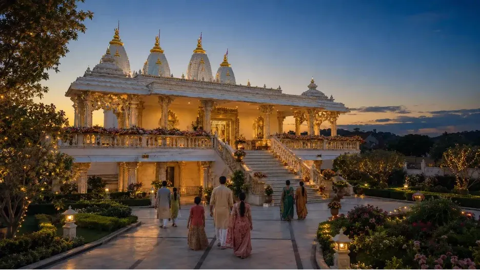 Families walking toward the illuminated Radha Krishna Temple of Dallas at twilight, surrounded by gardens and warm festive lights