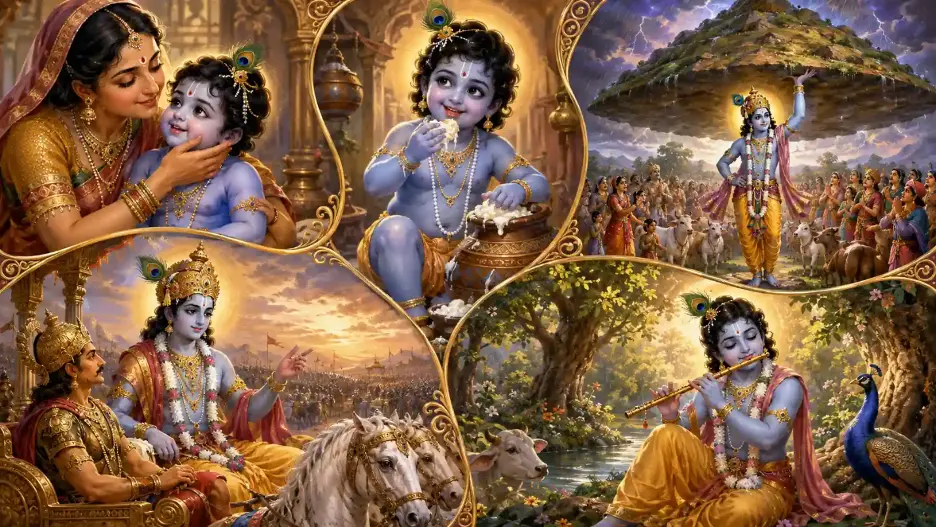Collage showing Mother Yashoda with baby Krishna, Krishna holding butter, lifting Govardhan Hill, guiding Arjuna, and playing the flute in Vrindavan