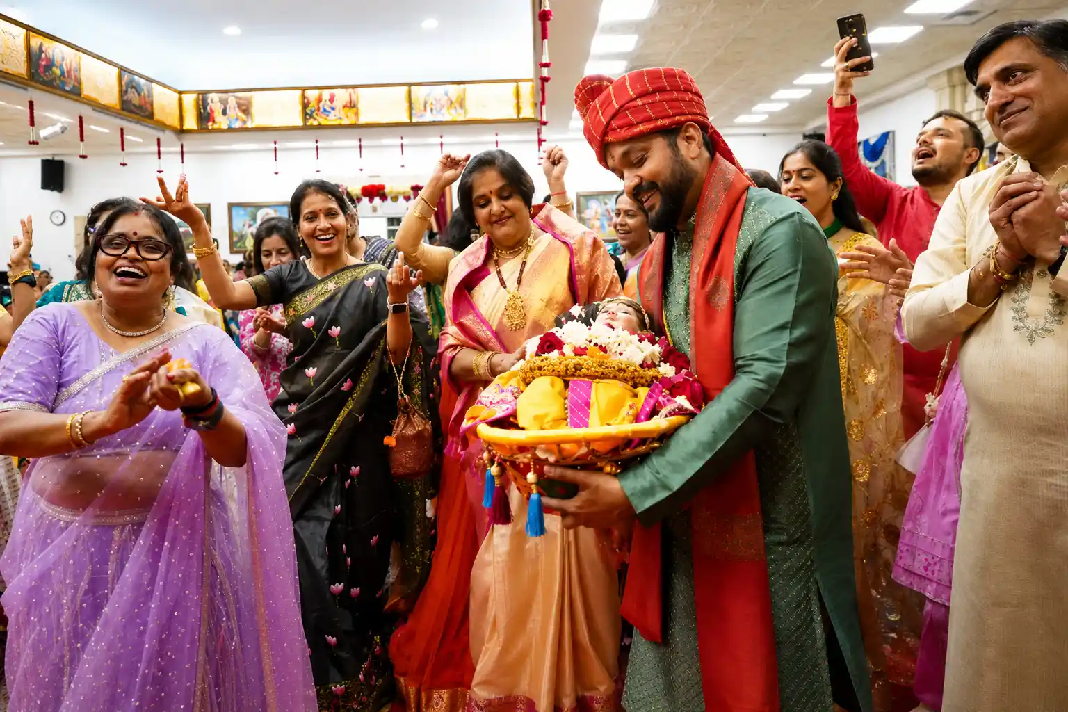 Devotees joyfully carrying and celebrating Bal Gopal during Janmashtami festivities at Radha Krishna Temple of Dallas