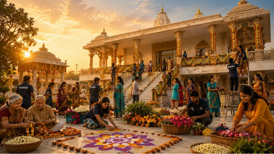 Volunteers decorating Radha Krishna Temple with flowers, rangoli, and diyas before Janmashtami