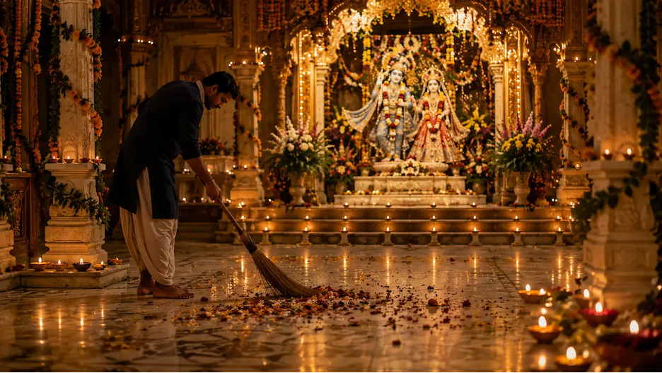 A humble volunteer quietly sweeps flower petals in a beautifully decorated temple after Janmashtami while the radiant Shree Radha Krishna Deities shine from the altar in warm golden light