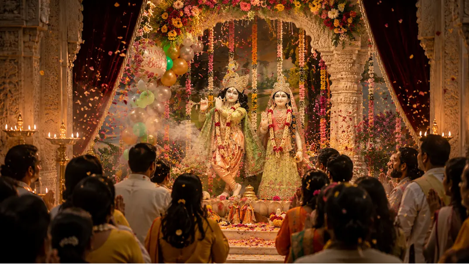 Devotees stand in prayer before the beautifully adorned Shree Radha Krishna during Janmashtami Aarti as flower petals fall and lamps glow throughout the temple