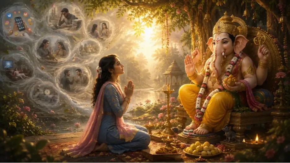 A devotee prays to Lord Ganesha as worldly distractions swirl behind her.