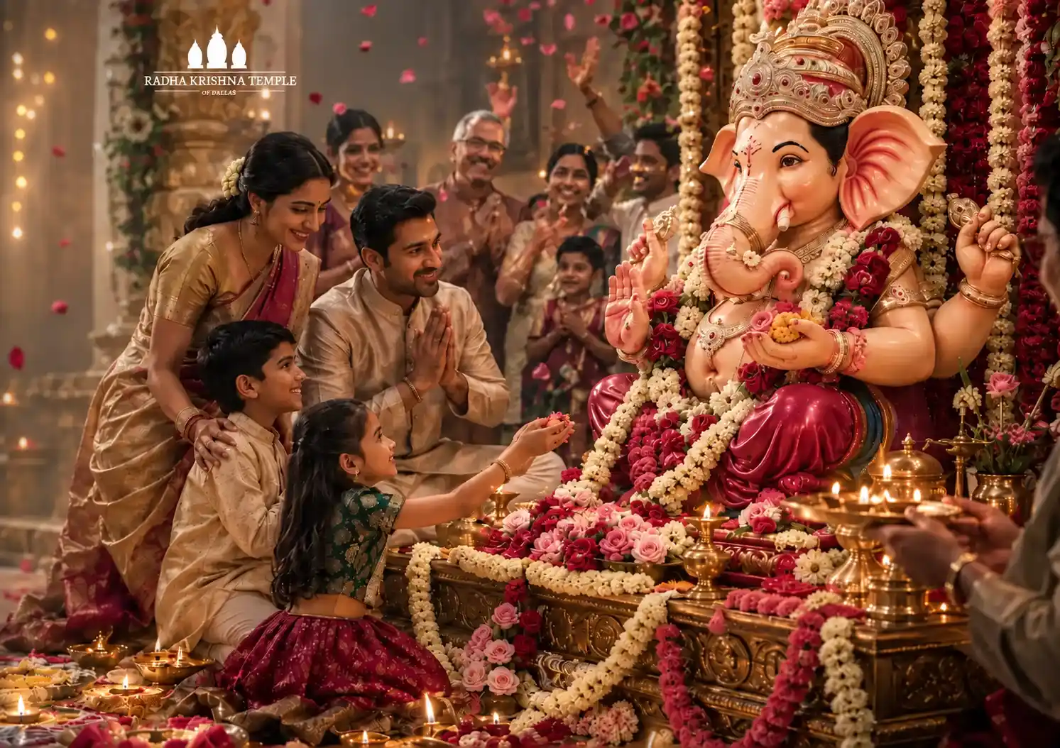 Family and devotees worshipping a beautifully decorated Lord Ganesha during Ganesh Chaturthi