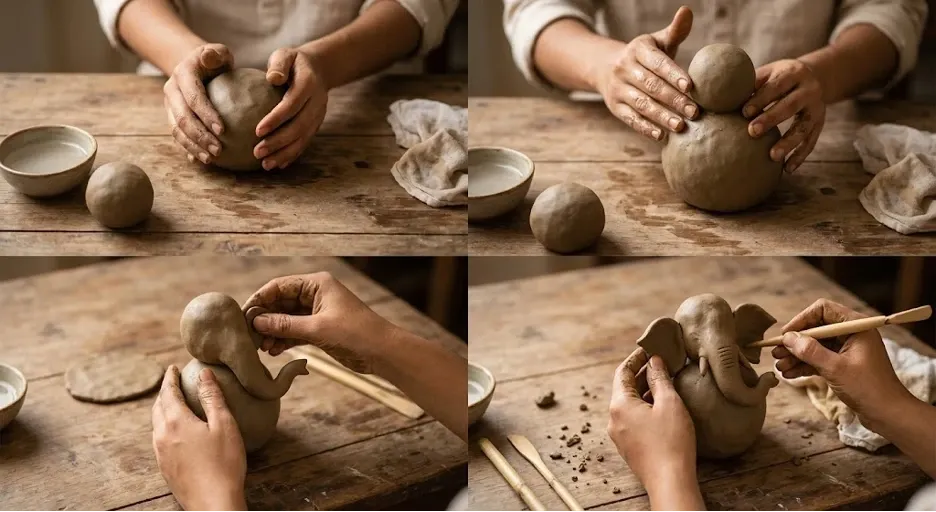 Process of sculpting a clay Ganesha statue