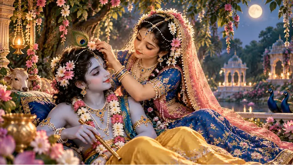 Radha Rani lovingly serving Shree Krishna in a Vrindavan kunj