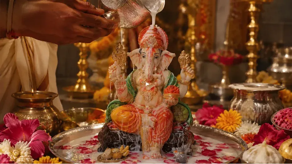 Lord Ganesha receiving sacred milk Abhishek surrounded by flowers, brass puja vessels, and warm temple lighting
