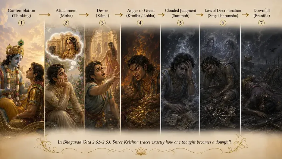 Bhagavad Gita 2.62–2.63 illustrates the mind’s progression from contemplation to downfall.