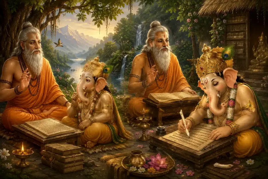 Rather than allow the sacred work to stop, He broke off one of His own tusks and continued writing