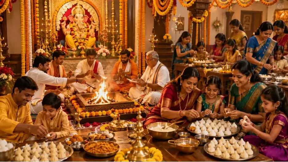 Families and children making modaks beside a sacred Havan during Ganesh Chaturthi celebrations